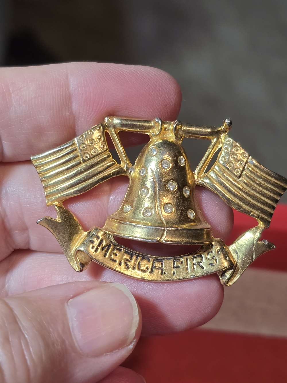 Gold-Tone 'America First' Bell & Flags Brooch